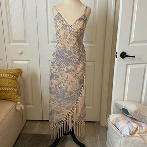 Revolve House of Harlow Maxi Wrap Dress Nude and Pale Blue Fringe Sz S